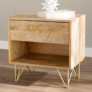 Brass fitted night stand with metal legs - Natural Mango wood - NIPL10806