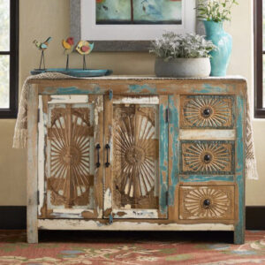 Caarved recycle wood cabinet - Distressed colored finish - NIPL20339