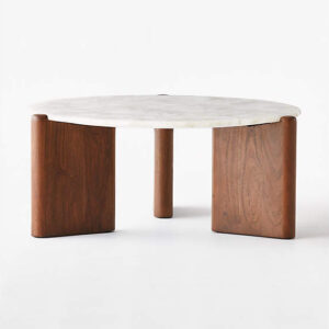 Round modern marble coffee table - Acacia Wood + Marble - Walnut brown