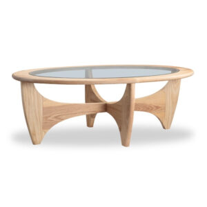 Modern oval glass top coffee table - Pine Wood - Natural wood -  Size 120X66X42.5 Cms