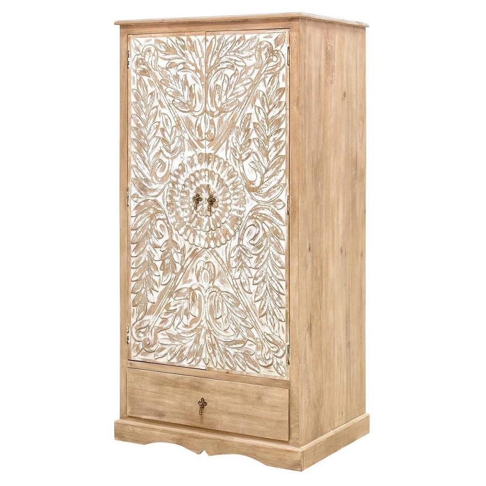 Carved wardrobe - Mango Wood - Natural wood, White Finish - Size 80X61X160 Cms