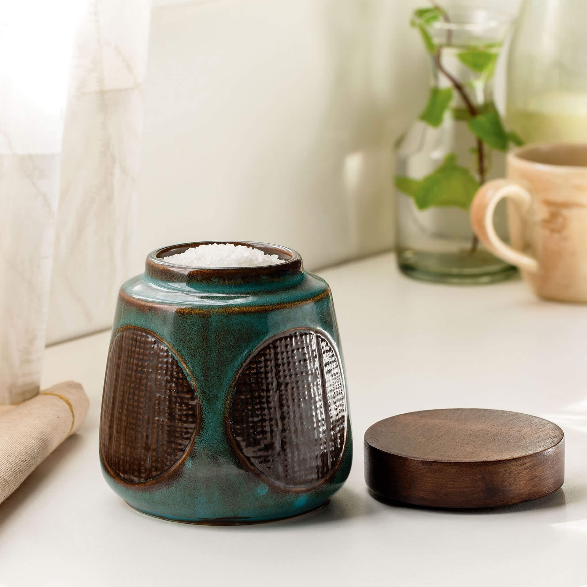 Maze Ceramic Jar with Wooden Lid (Teal Blue) - SWKEA2117