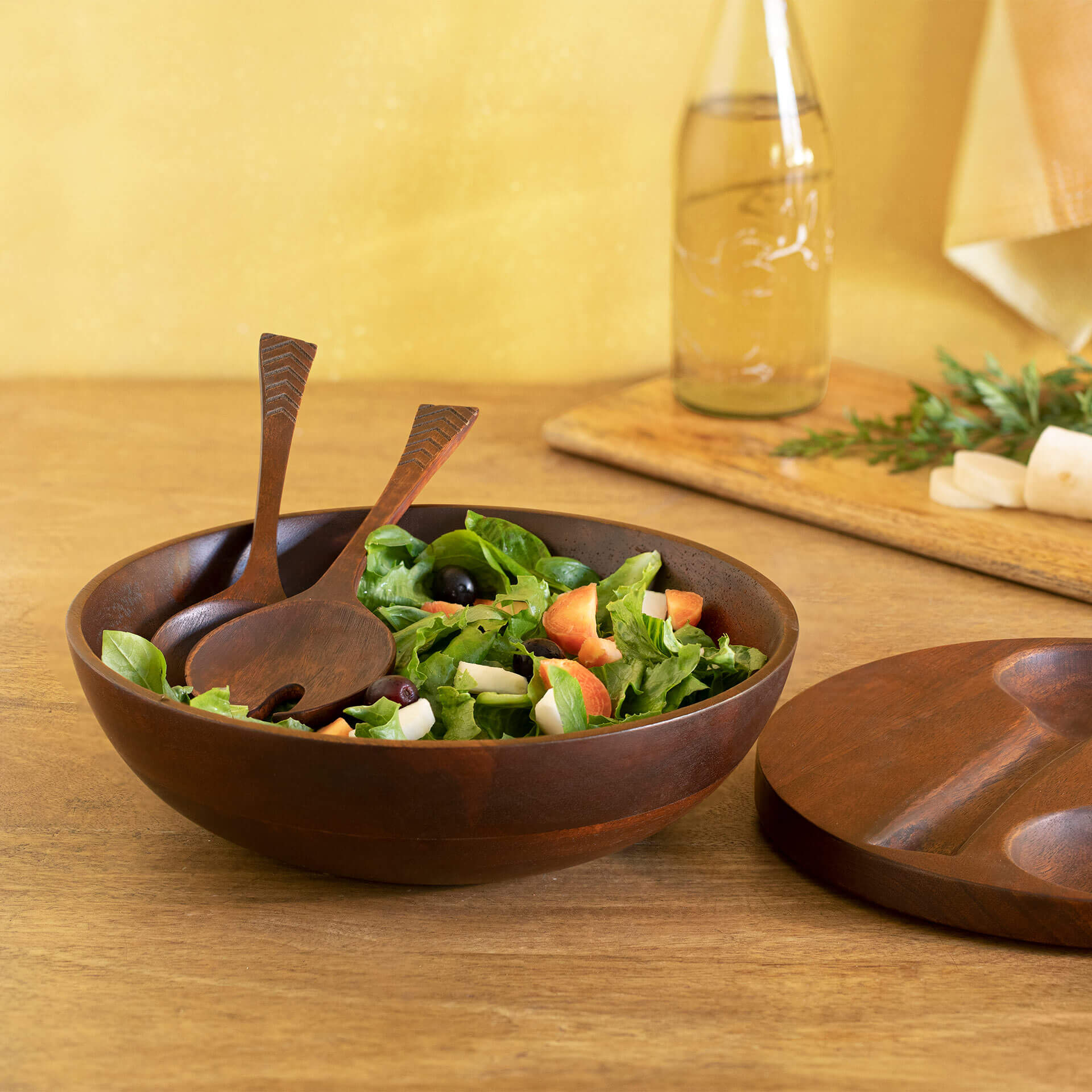 Zest Wooden Salad Bowl With Lid & 2 Server Spoons - WDTEA2461
