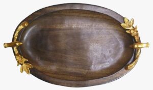 WOOD AND ALUMINIUM Wooden Oval Tray Bird Handle - Wooden Polished and Gold Plated Handles - HM103