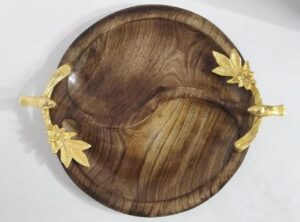 WOOD AND ALUMINIUM Round Wooden 2-Partitioned Tray with Bird Golden Handle - Wooden Polished and Gold Plated Handles - HM104