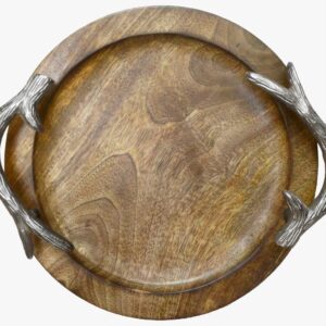 WOOD AND ALUMINIUM Wood Circular Tray with Silver Horn Handle - Wooden Polished and Gold/Silver Plated Handles - HM128
