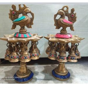 BRASS PEACOCK DIYAS - SET OF 2 WITH SMALL BELLS - GOLDEN RED BLUE AND GREEN - HM132